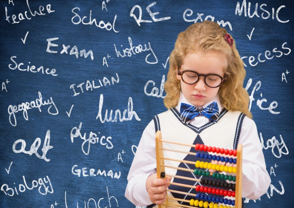 Digital composite image of schoolgirl holding abacus